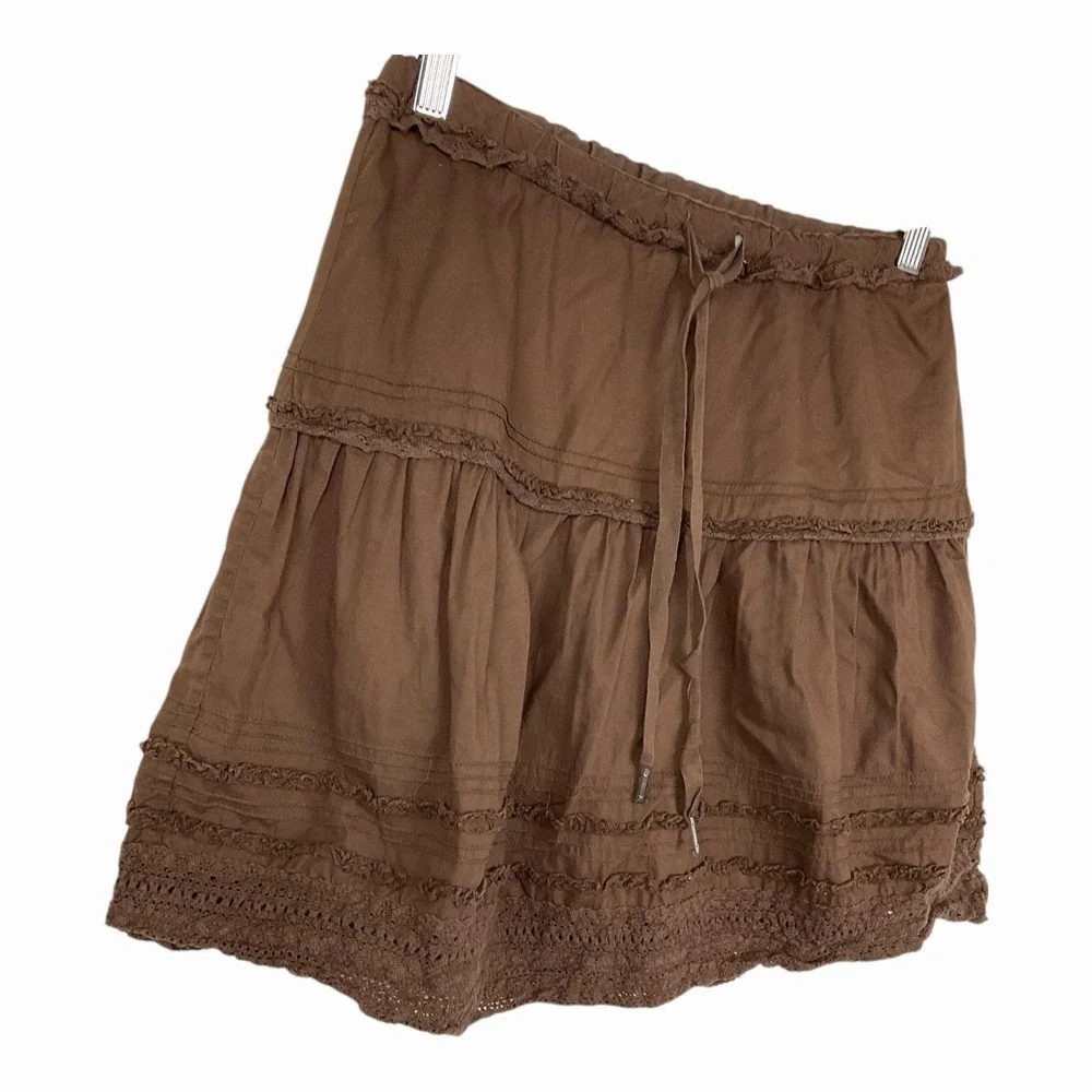 Womens Boho Tiered Mini Skirt Flowy Prairie Western Eyelet Trim Y2K Earth tone